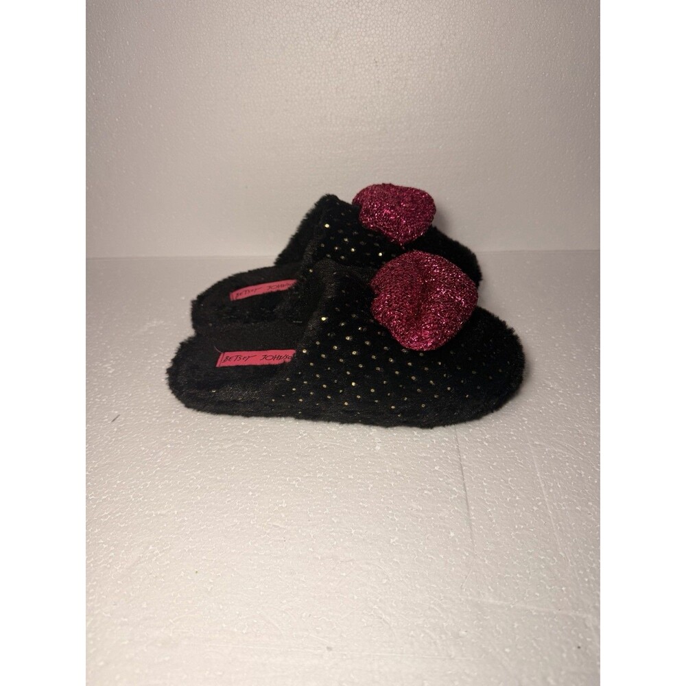 Betsey Johnson Black Plush Gold Dot Pink Glitter Lips House Slippers Womens S